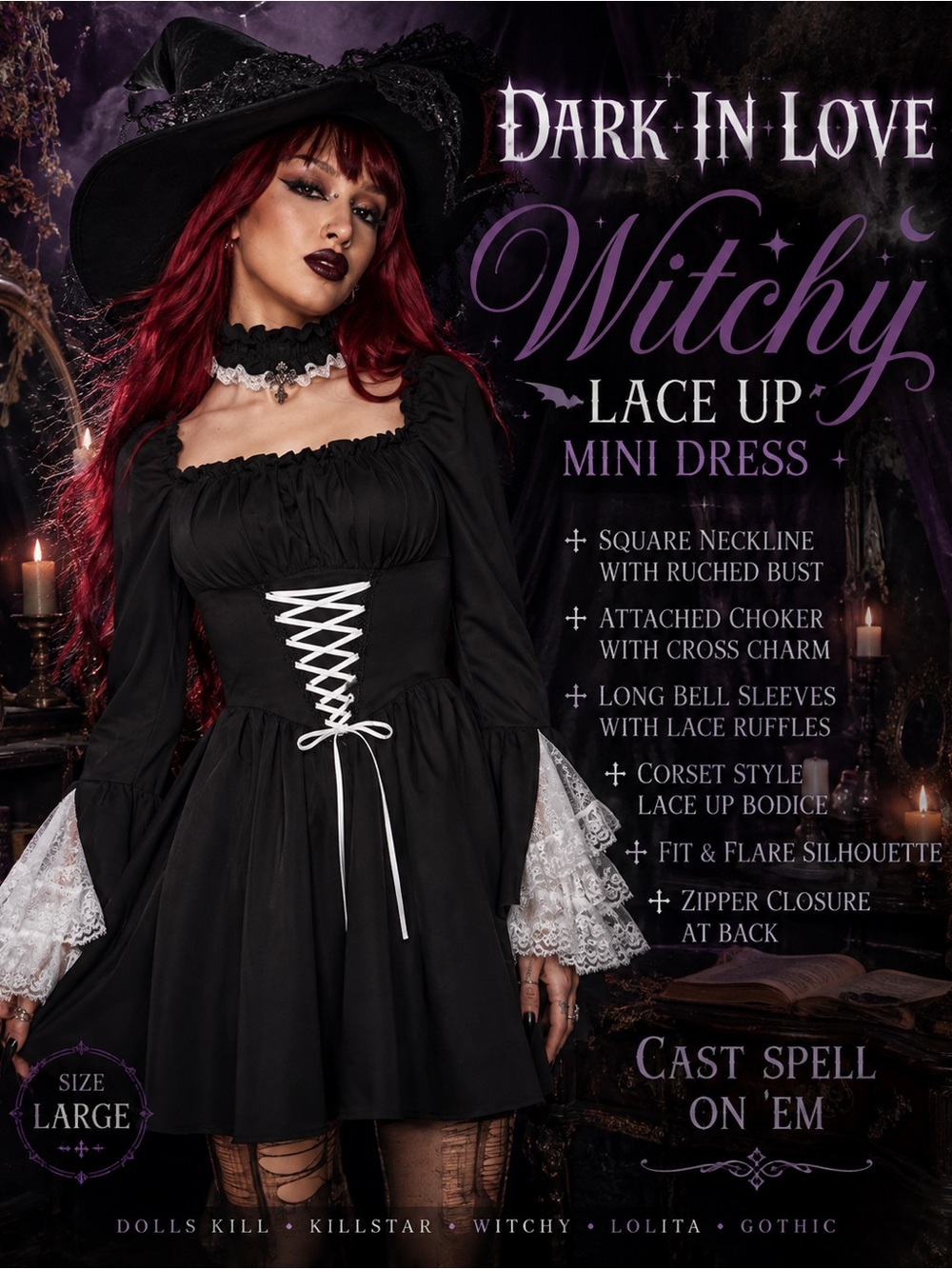 Dolls Kill Black Lace-Up Witchy Mini Dress